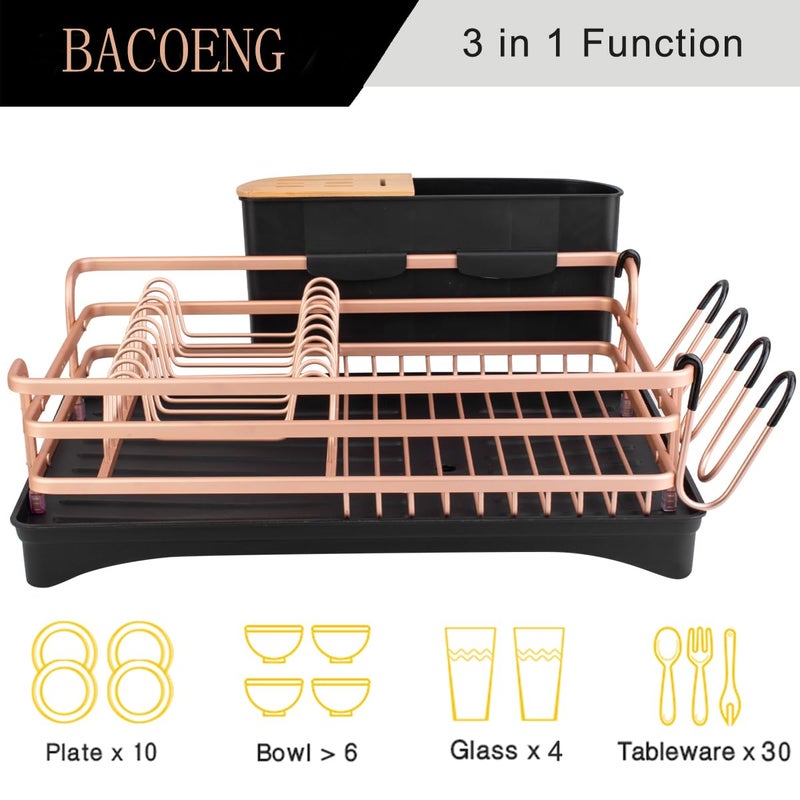 BACOENG Aluminum Dish Drying Rack,Never Rust Dish Rack with Removable Cutlery Holder & Cup Holder, 360Â° Swivel Spout Drain Board,Gold - Image 3